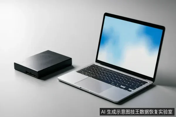 银色笔记本电脑处于打开状态,屏幕显示蓝天白云壁纸。电脑左侧放置一个黑色的长方体外部存储设备(如移动硬盘或光驱)。画面背景简洁,无操作手势,仅展示设备外观与摆放位置。