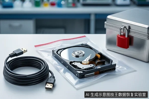 白色桌面上,左侧盘绕着一根黑色USB线缆,中间透明防静电袋中平放一块打开外壳的机械硬盘,右侧放置一个挂有红色挂锁的银色金属防震箱,背景为模糊的实验室环境。