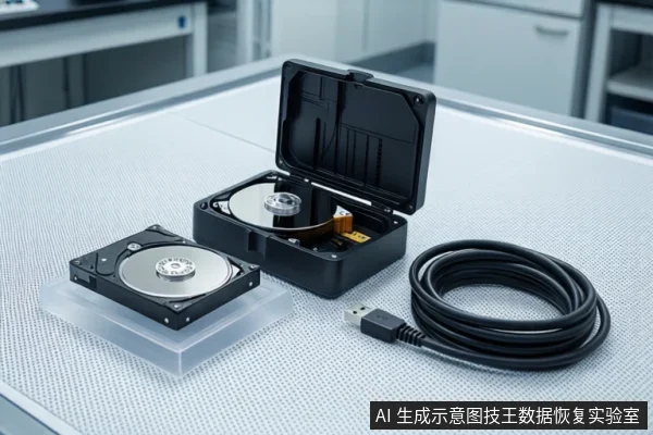 白色防静电桌面上,左侧透明底座上平放一块打开外壳的机械硬盘,中间为打开的黑色移动硬盘盒,右侧盘绕一根黑色USB数据线,背景为模糊的室内环境。