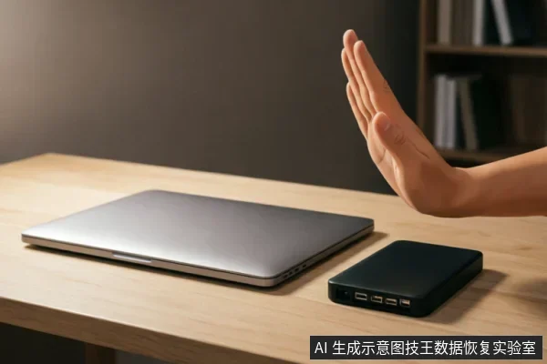 一只手掌在木质桌面上做出明确的停止手势,掌心朝向左侧闭合的银色笔记本电脑和右侧的黑色移动硬盘。画面通过肢体语言直观传达出禁止操作、立即断电或暂停连接的意思,与文中强调的“停止危险操作”、“切勿轻信快速修复”及“避免反复通电”等数据恢复前的紧急处理原则高度契合。