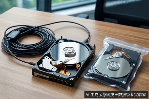 木质桌面上平放一块打开外壳的机械硬盘,露出盘片与磁头组件。左侧盘绕着一根黑色线缆。右侧是一个装有另一块机械硬盘的透明自封袋。背景为模糊的窗户和办公椅。