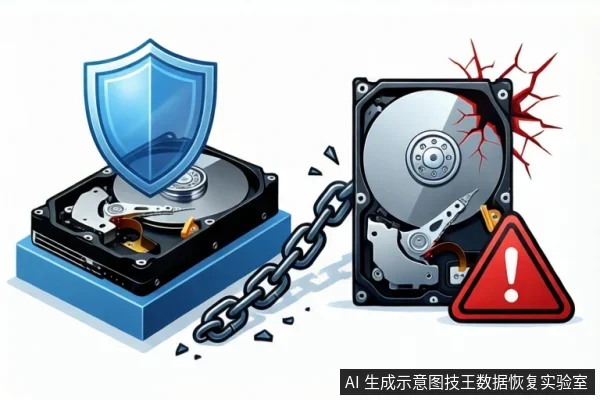 白色背景中，左侧一块打开外壳的机械硬盘置于蓝色底座上，上方悬浮蓝色盾牌；右侧一块硬盘盘片破裂，伴有红色裂纹和警告三角，中间由断裂链条连接。