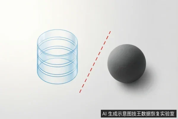 画面左侧为一个半透明蓝色线框圆柱体,象征硬盘内部盘片结构;右侧为一个深灰色球体。中间有一条红色虚线斜向分隔两者,示意物理介质与外部访问之间的隔离或阻断关系。