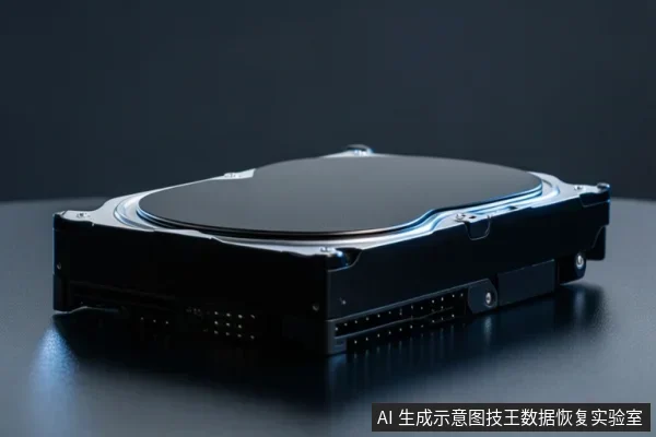 深色背景桌面上放置一块3.5英寸机械硬盘，可见金属顶盖、侧边SATA数据与电源接口，无通电或操作动作。