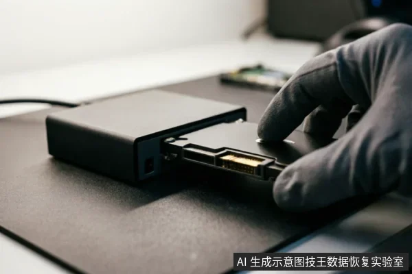 一只戴着灰色防静电手套的手正将一块机械硬盘插入黑色的USB移动硬盘盒中。画面聚焦于接口连接处,展示了使用外部只读设备或转接盒连接硬盘进行数据评估与镜像拷贝的专业操作场景。