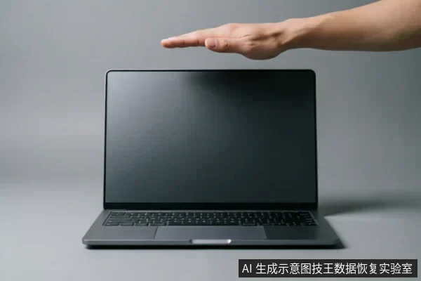 一台深灰色笔记本电脑打开放置在灰色背景上,屏幕黑屏无显示。一只手掌悬停在屏幕正上方,掌心向下,呈现出一种保护、覆盖或暂停的手势,示意停止操作。