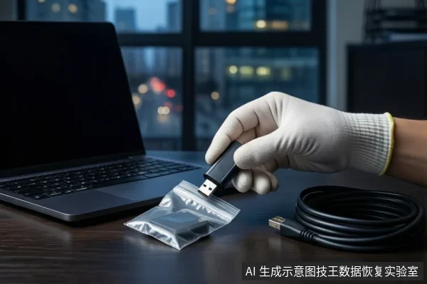 木质桌面上，一只戴白手套的手持黑色USB闪存盘，旁边有透明自封袋、黑色USB线缆和一台屏幕关闭的笔记本电脑，背景为模糊的城市夜景。