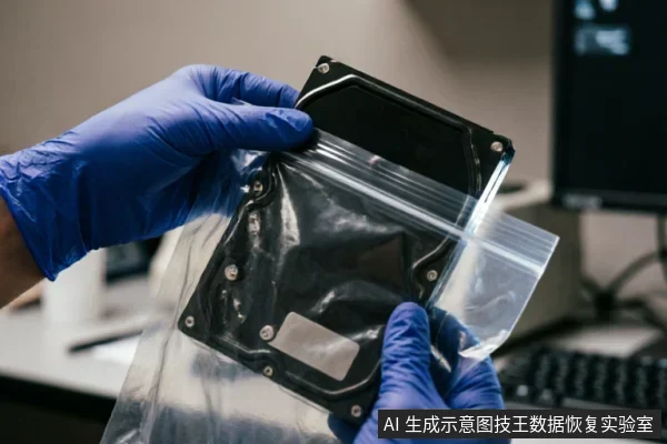 戴着蓝色防静电手套的双手正将一块黑色机械硬盘放入透明密封袋中,背景为模糊的电脑设备。该画面展示了物理损伤硬盘在专业环境下的规范封装与保护操作。