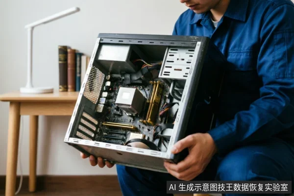 一名身穿蓝色工装的技术人员双手托举着一台侧板已拆卸的台式电脑机箱,清晰展示内部的主板、显卡及电源等硬件结构。背景为居家环境下的木桌与台灯,画面聚焦于硬件检修场景。