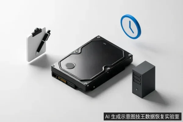 画面中央放置一块黑色机械硬盘，左侧悬浮着带有笔的剪贴板，右侧有一个小型服务器机箱，右上方显示蓝色时钟图标。整体构图示意在记录故障现象、时间点及关联设备信息。
