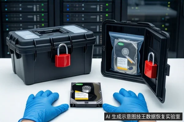 白色桌面上,前景一双戴蓝色手套的手平放。中间平放一块机械硬盘,左侧为挂红锁的黑色防震箱,右侧为打开的防震箱,内有袋装硬盘。背景为模糊的服务器机柜。