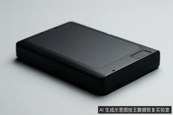 一个黑色长方形移动硬盘外壳平放在浅灰色背景上,表面光滑,右侧有接口区域,无文字或操作动作。
