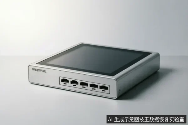 一台银色金属外壳的网络存储设备,正面配备一块黑色显示屏和五个以太网接口,机身左侧印有“W0Q1W6RL”字样。
