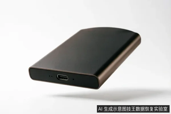 一个悬浮在白色背景上的黑色长方形移动硬盘盒,侧面清晰可见USB Type-C接口及状态指示灯孔位,外观简洁无多余文字。