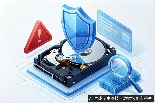 白色背景中,一块打开外壳的机械硬盘平放于蓝色底座上。上方悬浮蓝色盾牌,左侧有红色警告三角,右侧有放大镜和蓝色数据块。