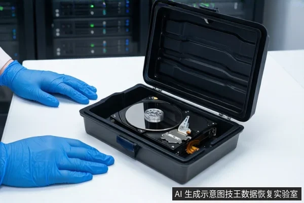 白色桌面上,中间打开的黑色防震箱内放置一块机械硬盘,左侧一双戴蓝色手套的手平放在桌面上。背景为模糊的服务器机柜。