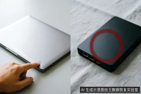 左图展示手指按压笔记本电脑电源键进行关机或断电操作；右图为带有红色圆圈标识的黑色移动硬盘侧边，可见USB及HDMI接口。画面直观呈现了数据恢复场景中停止设备运行与检查硬件连接的动作。