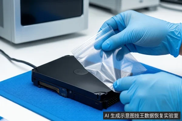 蓝色防静电垫上平放一块黑色机械硬盘，一双戴蓝色手套的手正持握透明防静电袋，背景为模糊的白色桌面设备。