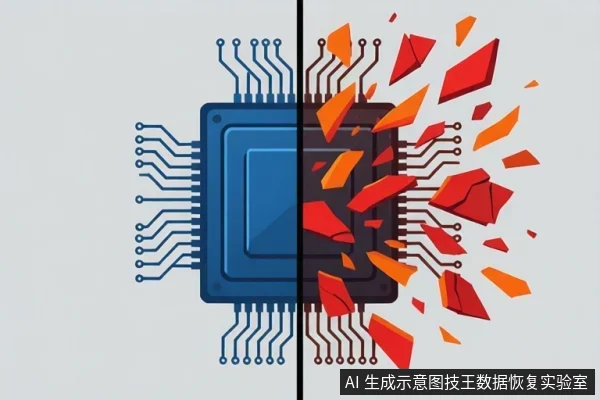 画面中央为一枚芯片，左半部分呈蓝色且结构完整，右半部分呈暗色并碎裂成红橙色碎片向外飞散，中间以竖线分隔。