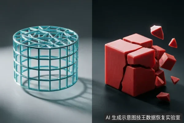 左侧为一个青色金属网格圆柱体笼状结构,右侧为一个正在崩裂破碎的红色立方体块,碎片向外飞溅。画面通过具象的几何形态对比,隐喻硬件设备内部结构的完整性受损与物理介质崩溃的状态。