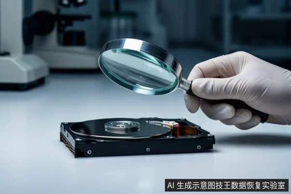 白色桌面上平放一块打开外壳的机械硬盘,可见盘片与主轴电机。右侧一只戴白色手套的手正握持一个银色金属放大镜,将其悬停在硬盘上方。背景为模糊的实验室设备。