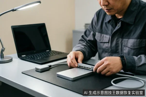 一名技术人员在办公桌前操作,双手正将一块银色2.5英寸固态硬盘插入连接着笔记本电脑的只读写保护设备中。背景有台灯和黑色鼠标垫,展示了数据恢复前的物理连接与隔离场景。