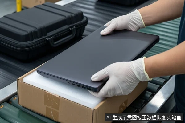 传送带场景中,一双戴白色手套的手正将一台黑色笔记本电脑放入装有白色泡沫的纸箱中。左侧放置一个闭合的黑色防震箱,背景可见传送带和堆叠的纸箱。