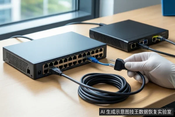 木质桌面上平放两台黑色网络存储设备,前景一只戴白色手套的手正握持黑色网线水晶头,对准左侧设备的网口。旁边有一卷盘绕的黑色线缆,背景是模糊的窗户。