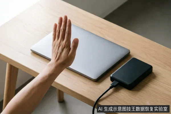一只手掌在闭合的笔记本电脑前做出停止手势,旁边连接着黑色移动硬盘,示意在设备故障时立即切断电源并禁止继续操作。
