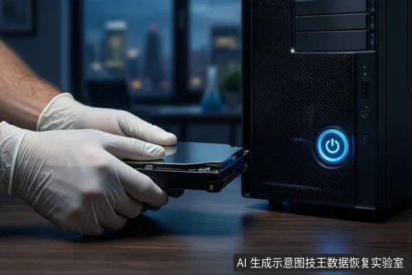 戴白手套的双手在木质桌面上持握一块裸露的机械硬盘,右侧竖立一台亮着蓝色电源按钮的黑色塔式主机,背景为模糊的城市夜景。