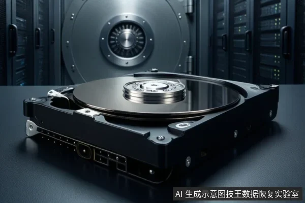 打开外壳的机械硬盘置于深色桌面,可见盘片、主轴与接口,背景为服务器机柜和圆形设备。