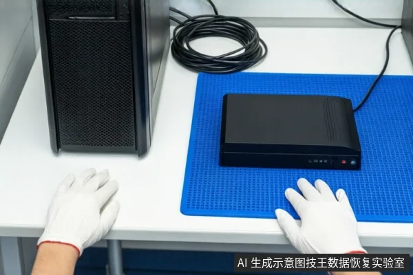 白色桌面上,左侧竖立一台黑色塔式主机,右侧蓝色防静电垫上平放一个黑色外接硬盘盒。前景一双戴白手套的手平放在桌边,背景盘绕着一根黑色线缆。