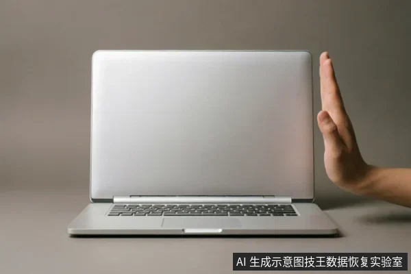 画面展示了一台银色笔记本电脑,右侧伸出一只手掌做出“停止”的手势,示意拒绝或中断操作。该图像直观地传达了在遇到设备故障时应立即停止通电、禁止读写及止损的核心原则。