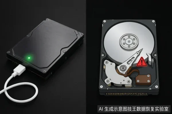 左侧为连接着白色数据线的黑色移动硬盘,绿色指示灯亮起;右侧为打开外壳的机械硬盘内部结构图,盘片与磁头臂清晰可见,并叠加了一个红色三角形警告标志。