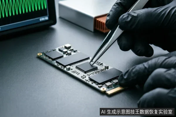 戴着黑色防静电手套的技术人员正使用镊子精细操作一块裸露的SSD电路板,背景可见显示波形的测试仪器屏幕。画面展示了专业数据恢复实验室中对存储介质进行硬件级状态评估与检测的场景。