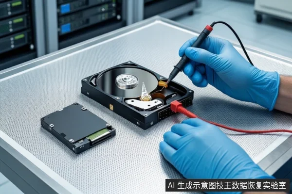 白色防静电工作台上,戴蓝色手套的双手正用探针测试一块打开外壳的机械硬盘,旁边放有一块M.2固态硬盘,背景为服务器机柜。