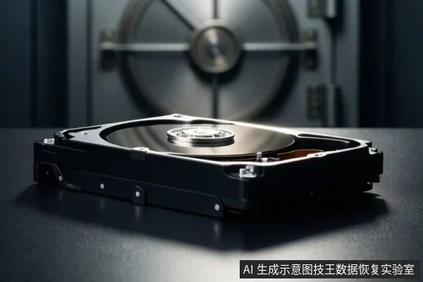 一个打开外壳的机械硬盘平放在深色桌面上，盘片与中心主轴清晰可见，背景虚化处有类似硬盘内部结构的圆形部件。