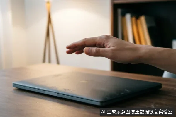 一只悬停在闭合笔记本电脑上方的手,示意停止操作或即将断电。背景为模糊的室内书架与灯光,桌面整洁无其他设备。