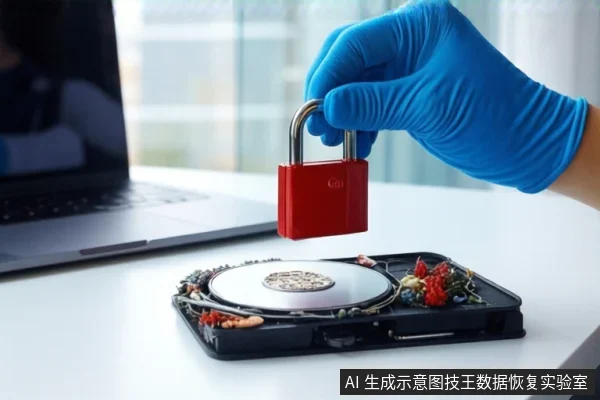白色桌面上,左侧是一台银色笔记本电脑,中间平放一块打开外壳的机械硬盘。右侧一只戴蓝色手套的手正持握一个红色挂锁,悬停在硬盘上方。背景为模糊的实验室环境。