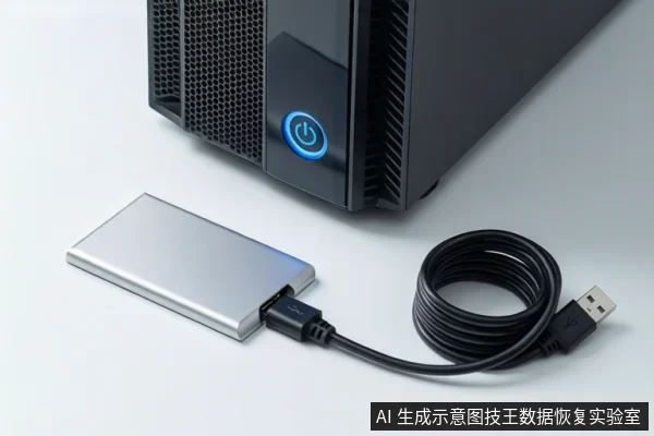 Silver portable SSD connected by a coiled USB cable to a black PC tower on a white surface.
