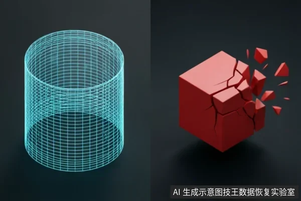 左侧为一个青色线框圆柱体,象征结构完好的逻辑数据或正常存储介质;右侧为一个正在崩裂破碎的红色立方体,象征发生物理损伤或严重故障的硬盘。两者形成鲜明对比,直观展示数据恢复中需区分的健康状态与物理损坏状态。