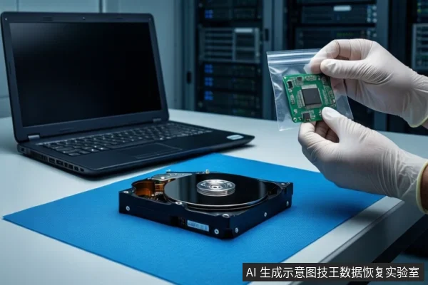 白色台面上铺着蓝色防静电垫，中间平放一块打开外壳的机械硬盘。左侧有一台打开的黑色笔记本电脑。右侧一双戴白手套的手正握持一个透明自封袋，袋内装有一块绿色PCB电路板。背景是模糊的服务器机柜。