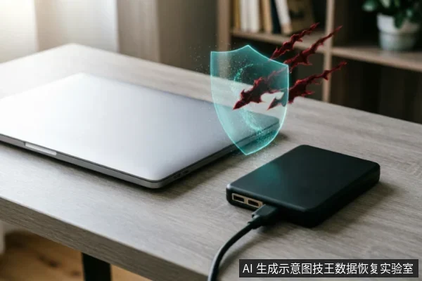 桌面上放置着一台银色笔记本电脑和一个连接着数据线的黑色移动硬盘。硬盘前方悬浮着一个发光的蓝色全息盾牌，正在抵挡数只红色的数字化攻击箭头，象征数据安全防护。