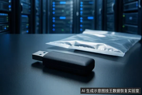 深色桌面上放置一个黑色U盘,后方有银色防静电袋,背景为带指示灯的服务器机柜。