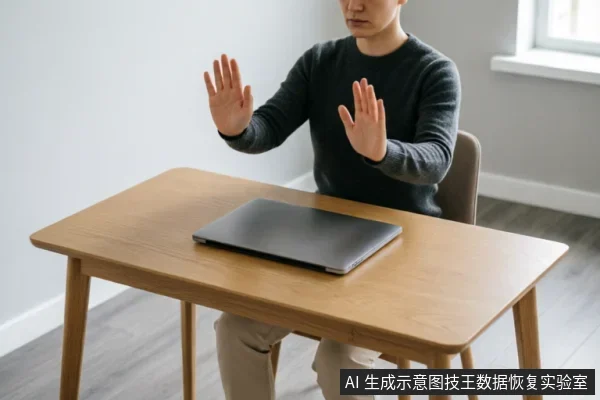一名身穿深色毛衣的男子坐在木质办公桌前，面对一台闭合的笔记本电脑。他举起双手做出明显的“停止”或“拒绝”手势，掌心向前，示意暂停操作或禁止接触设备，生动传达了在数据故障时保持克制、切勿盲目尝试修复的核心原则。