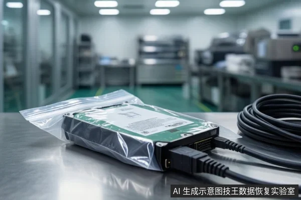 洁净室环境中,金属台面上放置一块用透明防静电袋封装的硬盘,硬盘接口处连接着黑色数据线,背景为模糊的实验室设备。