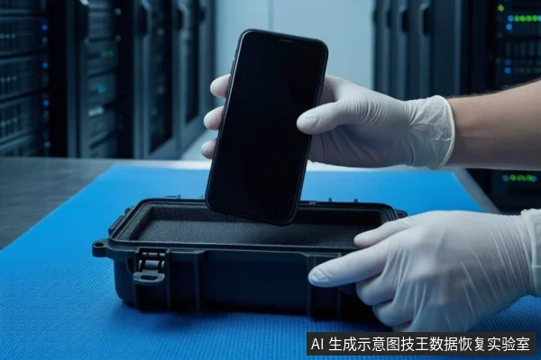 蓝色防静电垫上,一双戴白色手套的手正握持一部黑屏智能手机,悬停在一个打开的黑色防震箱上方。背景可见服务器机柜。