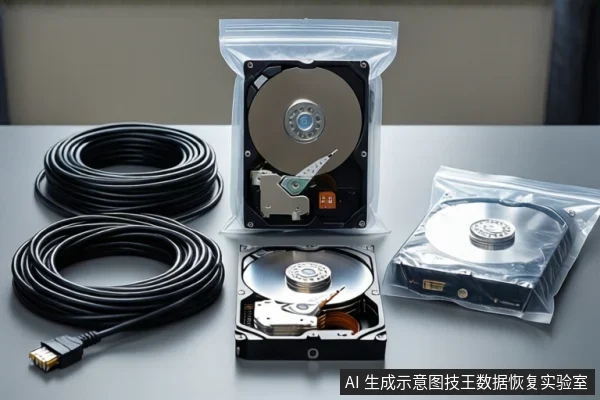 灰色桌面上静态陈列着三块机械硬盘和两卷黑色线缆。其中两块硬盘打开外壳露出盘片与磁头,一块装在透明自封袋中。左侧是两卷盘绕的黑色线缆,右侧是袋装硬盘。画面中无人员操作。
