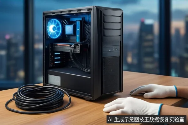 木质桌面上放置一台打开侧板的黑色台式主机,内部可见蓝色发光风扇和主板。主机左侧盘绕着一根黑色线缆,右侧一双戴白色手套的手平放在桌面上,背景为模糊的城市夜景。