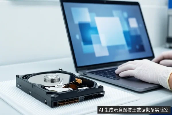白色桌面上,左侧平放一块打开外壳的机械硬盘,右侧一台笔记本电脑屏幕显示蓝色方块图案。一只戴白手套的手正在操作键盘。